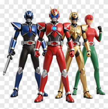 Four Power Rangers Action Figures PNG