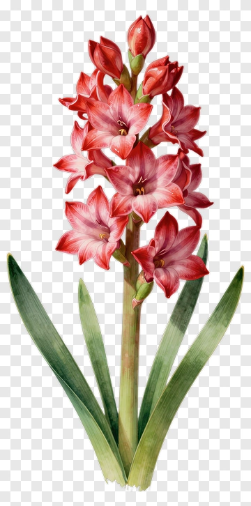Red Hyacinth Flower With Green Leaves PNG