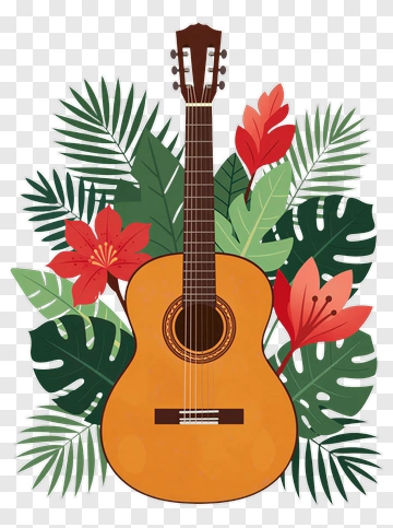 Acoustic Guitar Surrounded By Tropical Flowers PNG