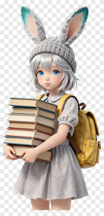 Girl With Rabbit Ears Holding Books PNG