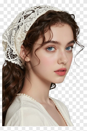 Woman With Lace Headscarf And Pearl Necklace PNG