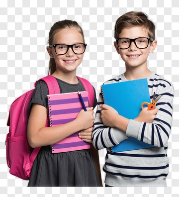 Two Children With Glasses And School Supplies PNG