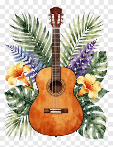 Watercolor Guitar With Tropical Flowers PNG