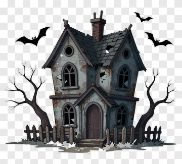 Haunted House With Bats And Bare Trees PNG
