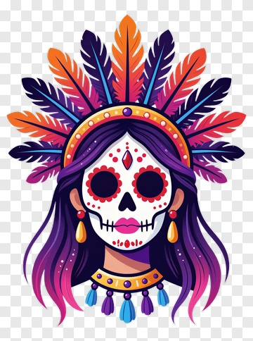 Sugar Skull Woman With Feather Headdress PNG