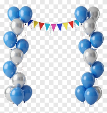 Blue And Silver Balloon Arch With Colorful Pennants PNG