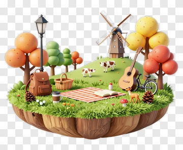 Miniature Picnic Scene With Windmill And Animals PNG
