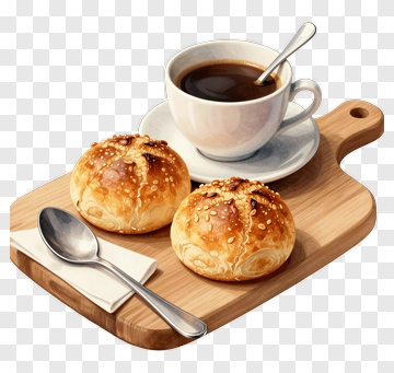 Bread And Coffee On Wooden Board PNG