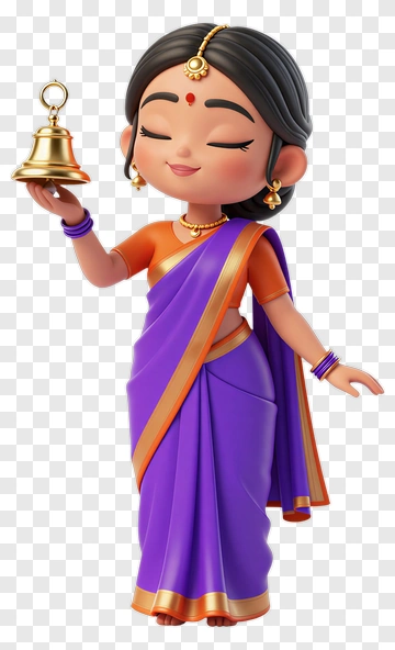 Cartoon Indian Woman In Sari Holding Bell PNG