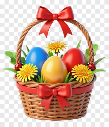Easter Basket With Colorful Eggs And Dandelions PNG