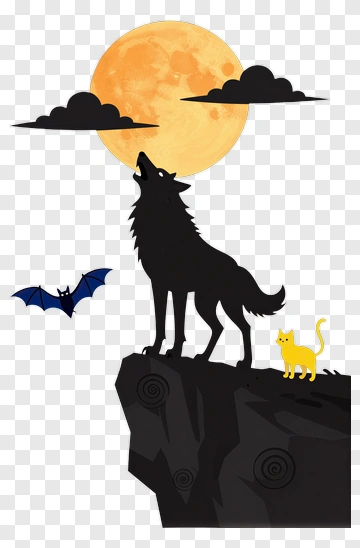 Wolf Howling At The Moon With Bat And Cat PNG