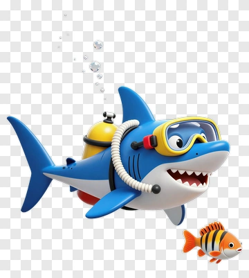 Blue Shark Diver With Fish Companion PNG