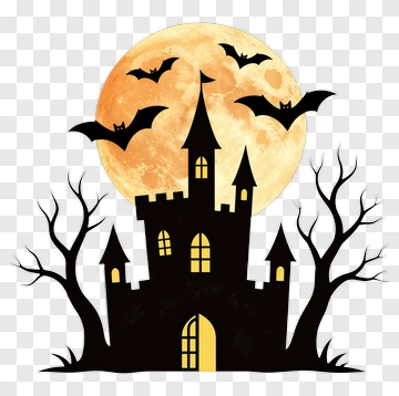 Halloween Castle With Bats And Moon PNG