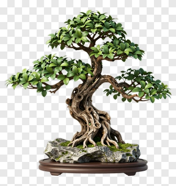 Bonsai Tree With Curved Trunk And Lush Leaves PNG
