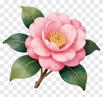 Pink Camellia Blossom With Green Leaves PNG
