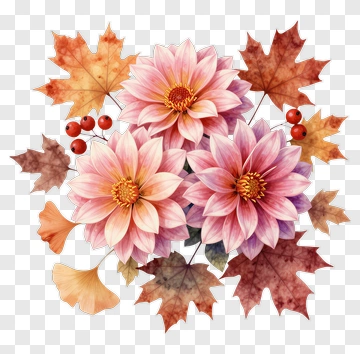Pink Dahlias With Autumn Leaves PNG