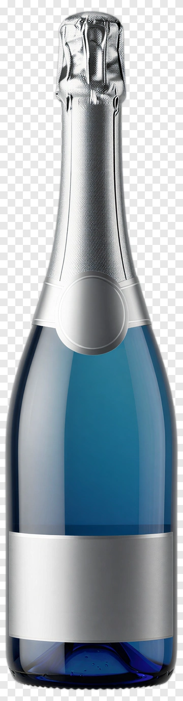 Champagne Bottle With Blue Glass And Silver Cap PNG