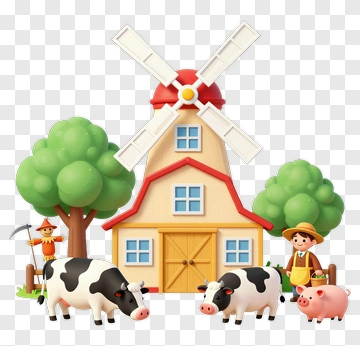 Farm Scene With Windmill And Animals PNG