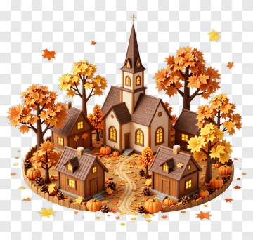 Autumn Village With Church And Houses PNG