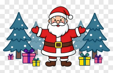 Santa Claus With Gifts And Trees PNG