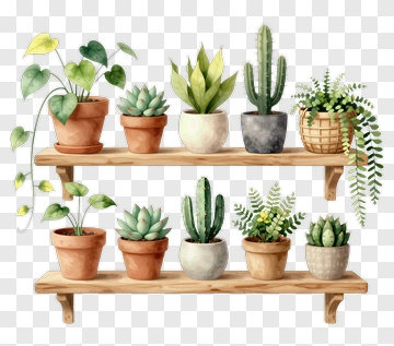 Collection Of Potted Plants On Wooden Shelves PNG