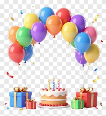 Birthday Cake With Balloons And Gifts PNG