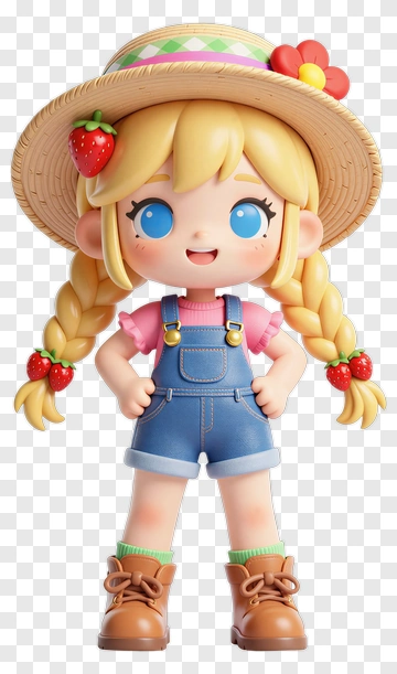 Cartoon Girl With Strawberries And Hat PNG