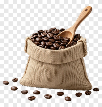 Coffee Beans In Burlap Sack With Wooden Spoon PNG