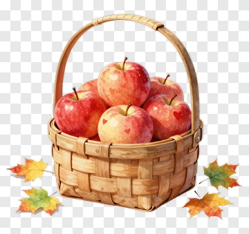 Basket Of Apples With Autumn Leaves PNG