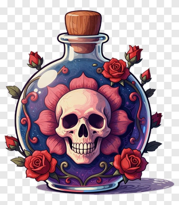 Skull In Flask With Red Roses PNG