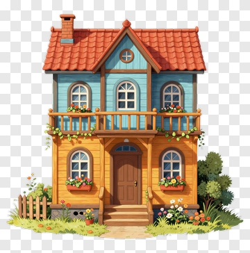 Colorful Cartoon House With Balcony And Flowers PNG