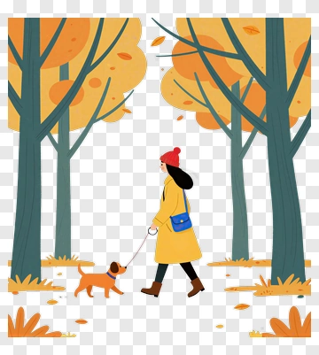 Woman Walking Dog In Autumn Park PNG