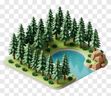 3D Pine Forest With Pond And Rocks PNG
