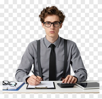 Man With Glasses And Tie At Desk PNG