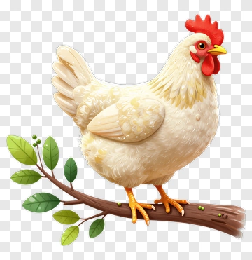 White Chicken Perched On Branch PNG