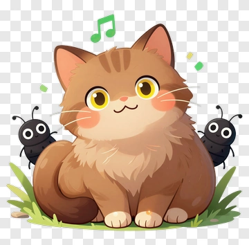 Cute Cat With Insects And Music Note PNG