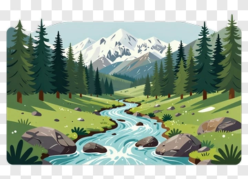 Mountain River Flowing Through Forest PNG