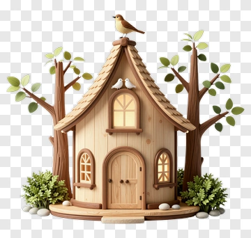 Wooden House With Bird And Trees PNG