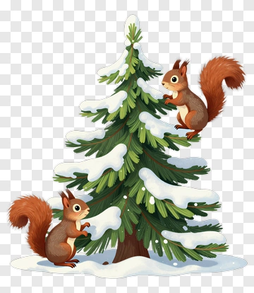 Two Squirrels On A Snowy Pine Tree PNG