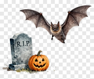 Bat Flying Over Halloween Graveyard Scene PNG