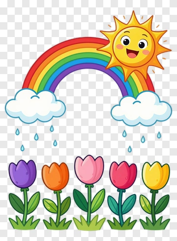 Happy Sun Rainbow And Tulips PNG