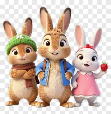 Three Cute Bunny Friends Standing Together PNG