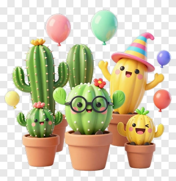 Happy Cactus Party With Balloons PNG