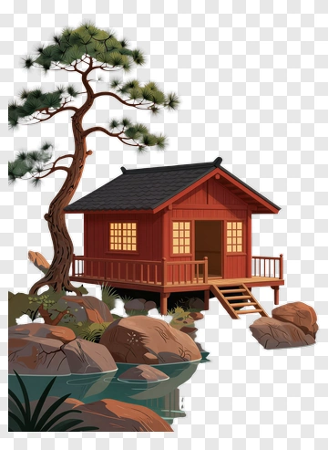Wooden Cabin By Pine Tree At Sunset PNG
