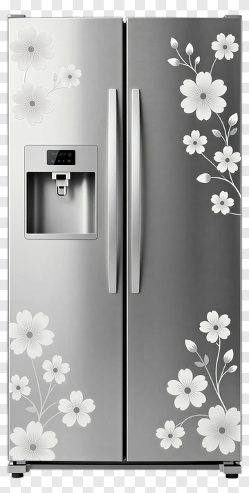 Stainless Steel Refrigerator With Floral Decals PNG