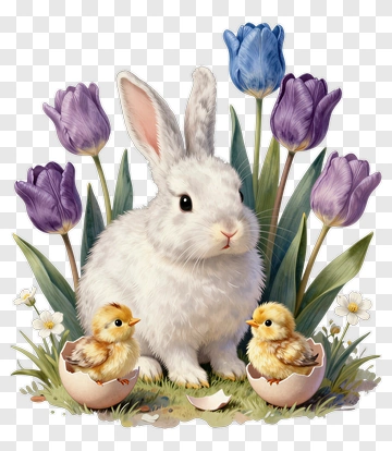 White Rabbit With Chicks And Tulips PNG