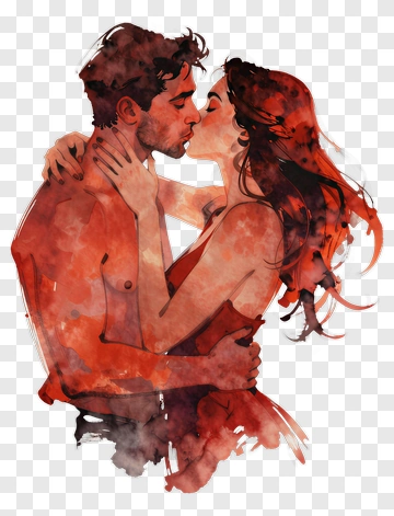 Passionate Watercolor Couple Kiss PNG