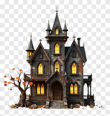 Gothic Haunted House With Autumn Tree PNG
