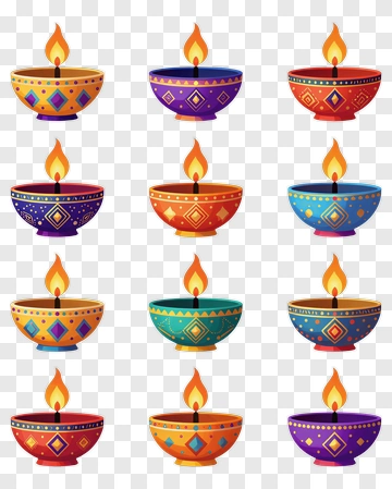 Nine Colorful Diyas With Flames PNG
