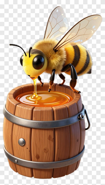 Cartoon Bee With Honey Barrel PNG